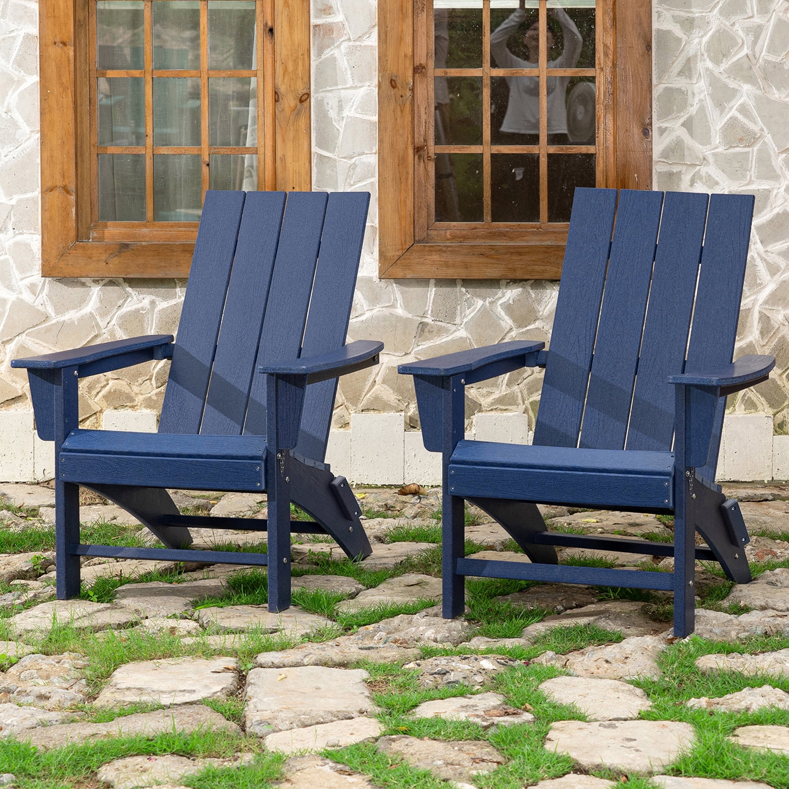 Garpans Folding Adirondack Chairs Set of 2 Weather Resistant Outdoor Adirondack Chair HDPE Outdoor Chair for Patio Front Porch Pool Garden Deck Fire Pit Outside, Navy Blue
