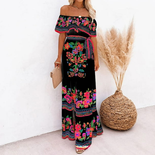 ICHUANYI Clearance Strapless Bandeau Elasticity For Women Summer Printing Tube Tops Casual Sexy Off Shoulder Holiday Dress Beach Dress(Black, S) ICHUANYI WER2023080817273