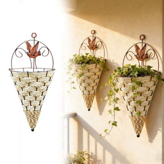 1Pcs Rattan Hanging Planter Basket, Farmhouse Cone Flower Pot Rustic Weave Herb Orchid Holder, Artificial Violet Flower Wall Basket for Garden Home Decoration Home Decor
