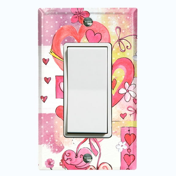 Metal Light Switch Wall Plate Outlet Cover (Love Ornament Heart Balloons Pink - Single Rocker)