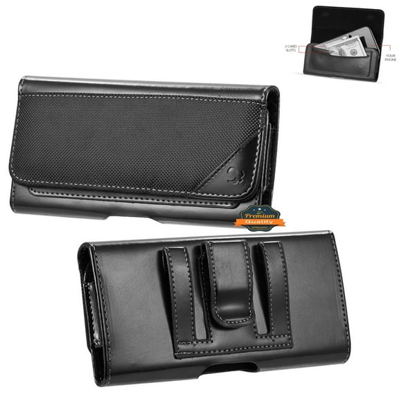 For Samsung Galaxy S10 Plus Universal Horizontal Pouch Case PU Leather Cell Phone Holster with Belt Clip Loop and 2 Credit Card Slot Pocket Cover - Black