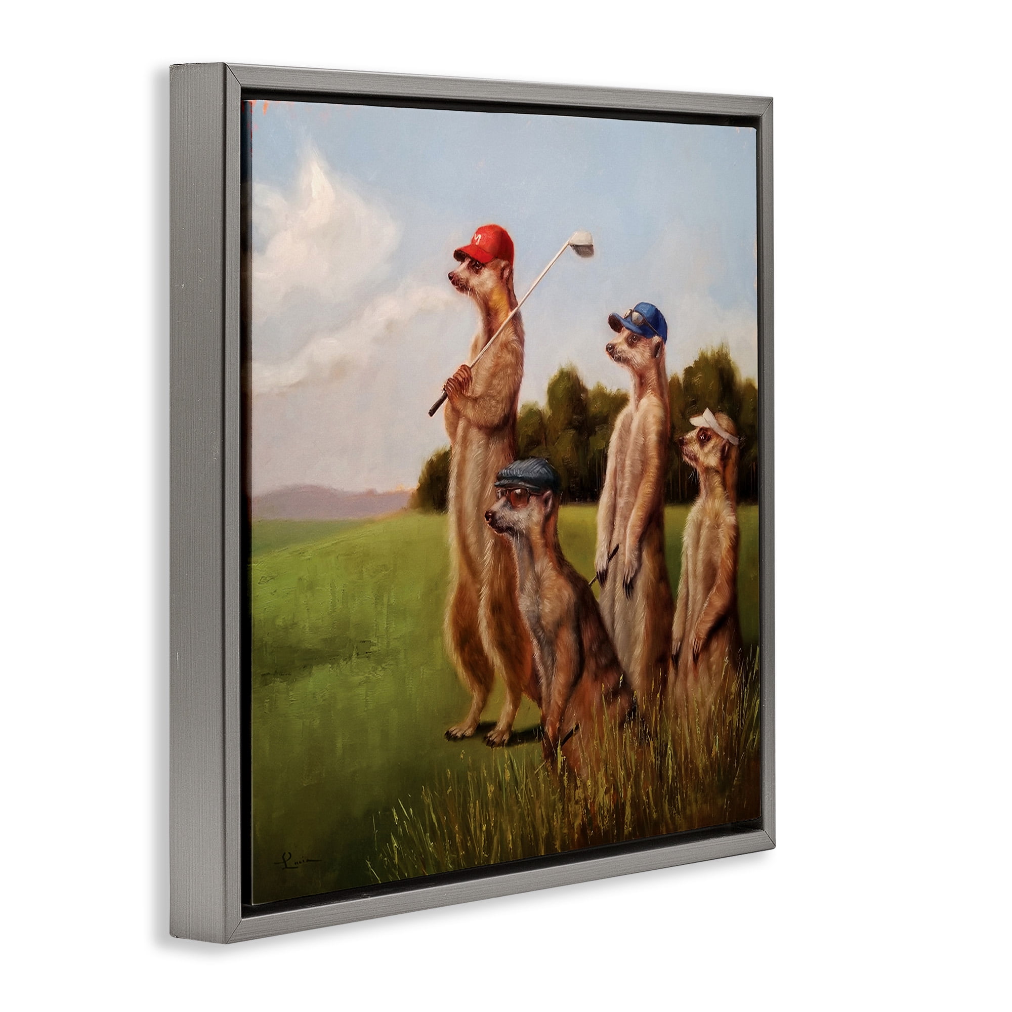 Stupell Industries Meerkats Playing Golf Animals & Insects Painting Gray Floater Framed Canvas Art Print Wall Art, 18 x 18