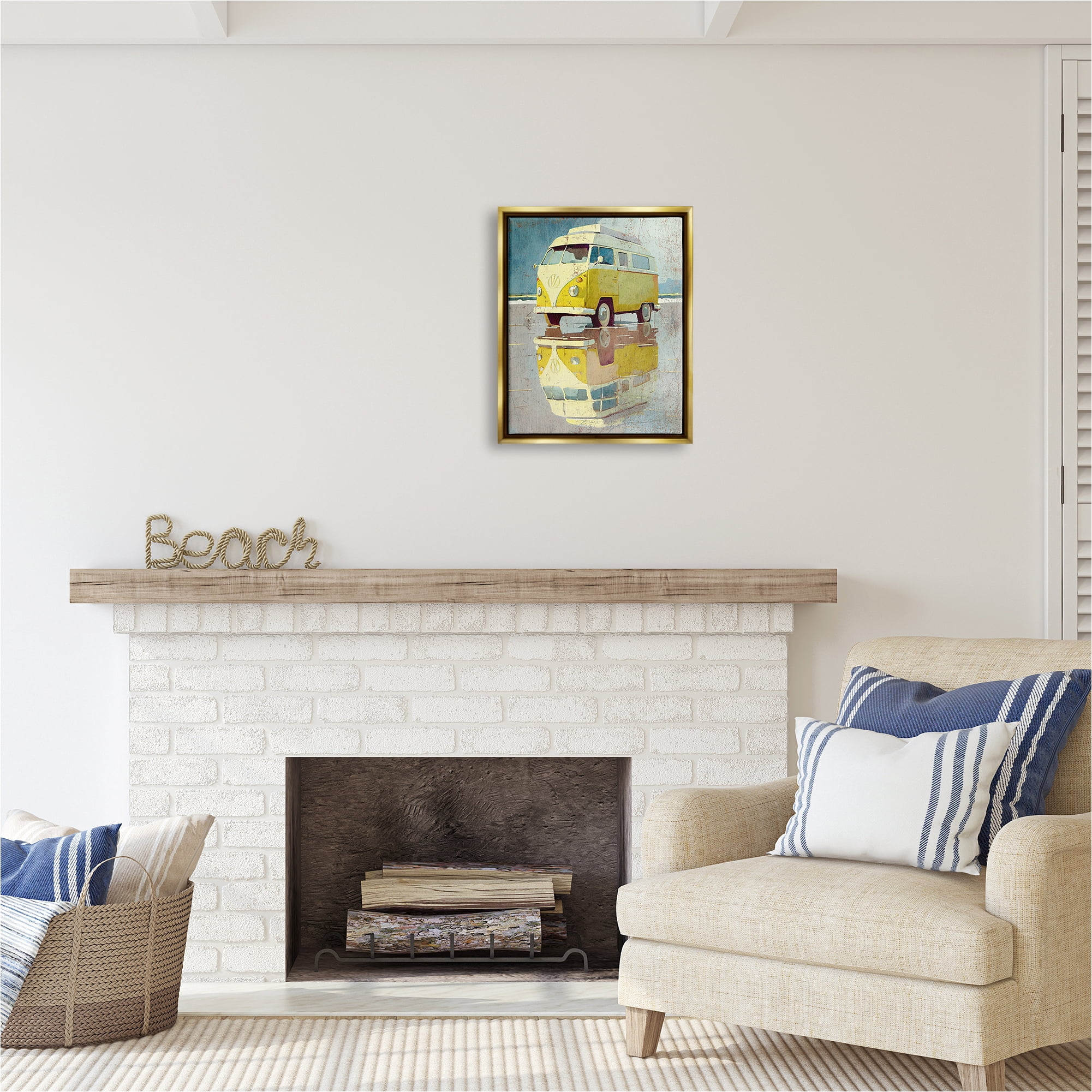 Stupell Industries Yellow Rustic Minibus Transportation Painting Gold Floater Framed Canvas Art Print Wall Art, 17 x 21