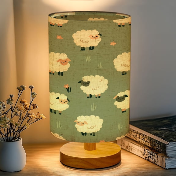 16-Color Dimmable Table Lamp for Bedroom, Cute Sheep pastel colors Green Pastel Flowers spring adorable Nightstand Lamp with Wood Base Fabric Shade, Gifts for Nursery Living Room Reading Room