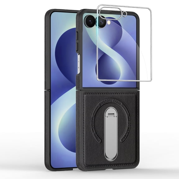 Dteck Magnetic Case with Front Tempered Glass Screen Protector for Samsung Galaxy Z Flip8, Shockproof Leather PC Case Compatible with Mag Safe 360 Rotating Kickstand Cover,Black