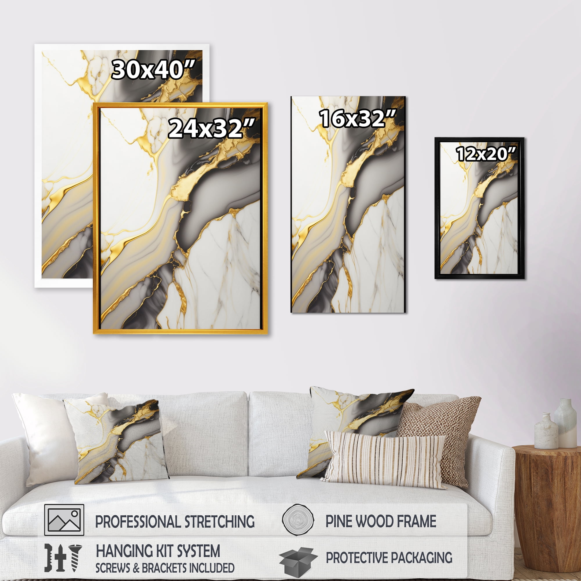 Designart Abstract Geode Marble White And Gold II Canvas Wall Art