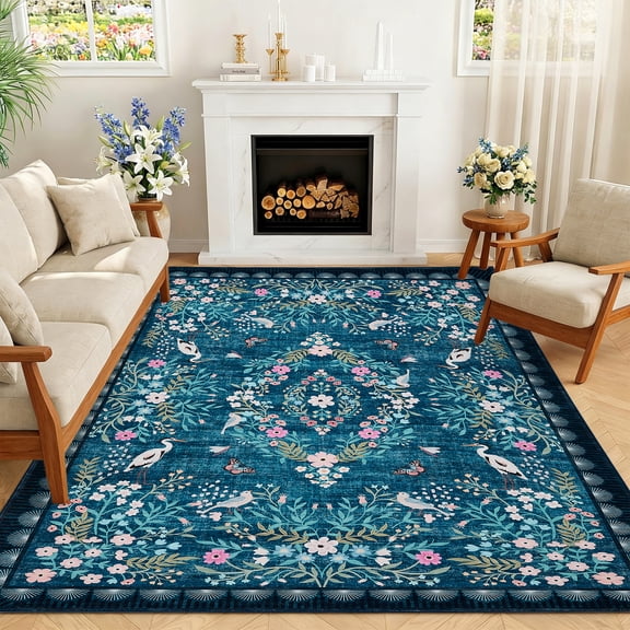 GlowSol 10x13 Teal Washable Vintage Floral Area Rug, Non Slip Low Pile Rug for Hallway Kitchen Bedroom