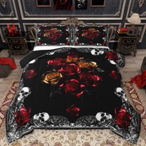 Homewish Red Rose Flower Full Size Comforter Sets,Spooky Gothic Skull Bedding Comforter Set,Boho Bohemain Bedding Sets For Girls Teens,Ultra Soft Home Decor Reversible,3 Pieces