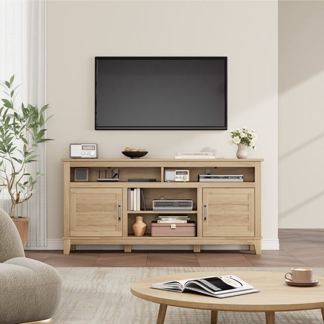 Table de Conférence et Meuble Télé Style Ferme de 63 Pouces, Bureau de Rangement Multifonction avec Tablettes Ajustables et Portes d'Armoire, Bois MDF Brun Moderne pour Bureau, Salon Ou Salle de Conférence