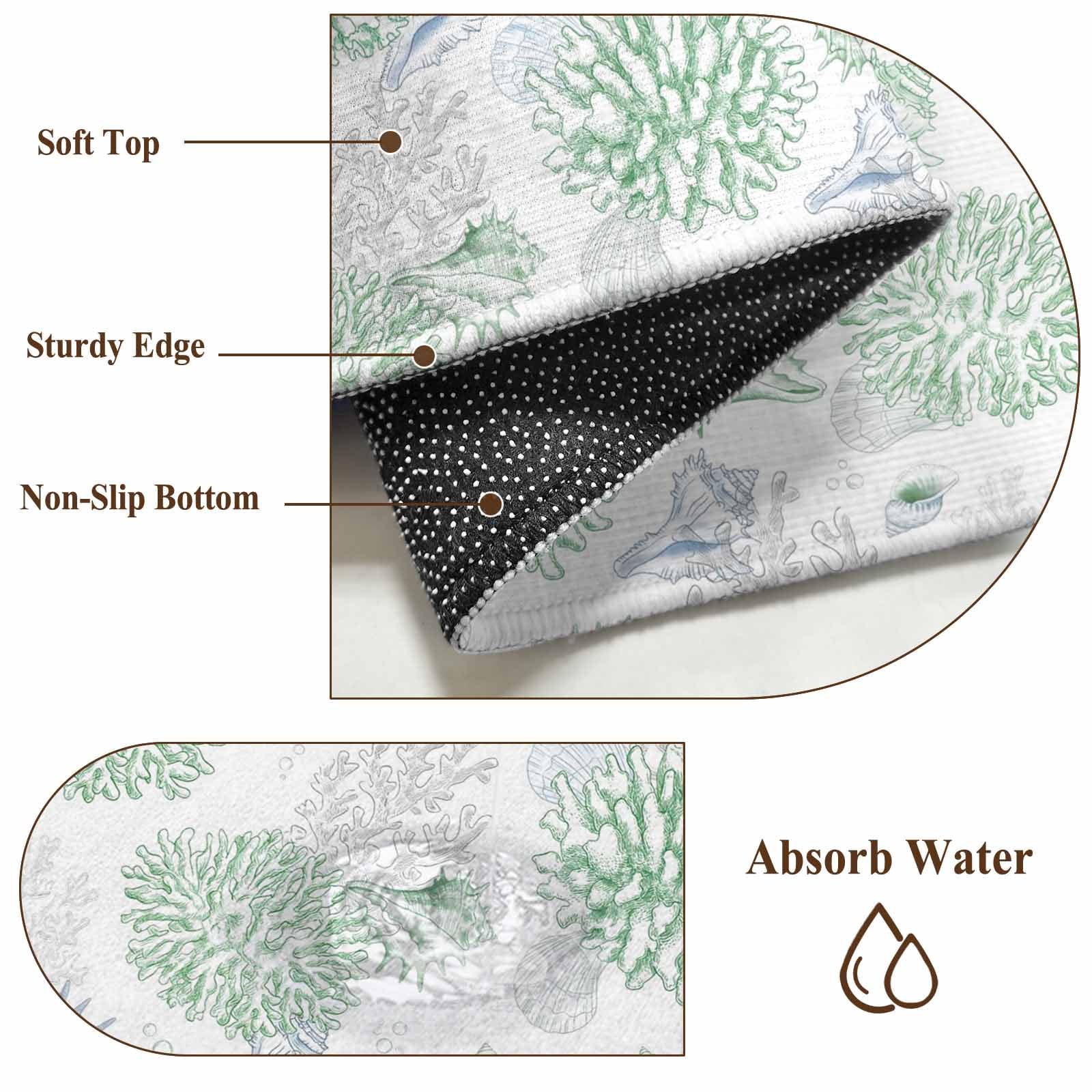 Green Gray Coastal Round Area Rug 7Ft Washable Circle Rugs for Dorm Laundry Room, Summer Beach Ocean Coral Conch Shell Non-Slip Carpet Floor Mats Indoor Outdoor Carpet Runner Aesthetic Home Decor