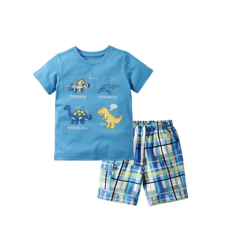 

Calsunbaby Kids Boy Summer Tracksuit Outfit Dinosaur Print Round Neck Short Sleeve T-Shirt Plaid Drawstring Shorts Suit