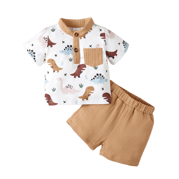 Kucnuzki 9 Months Baby Boy Summer Outfits Shorts Sets 12 Months Short Sleeve Dinosaur Prints Stand Collar Shirt Tops WalkShorts 2PCS Set Apricot