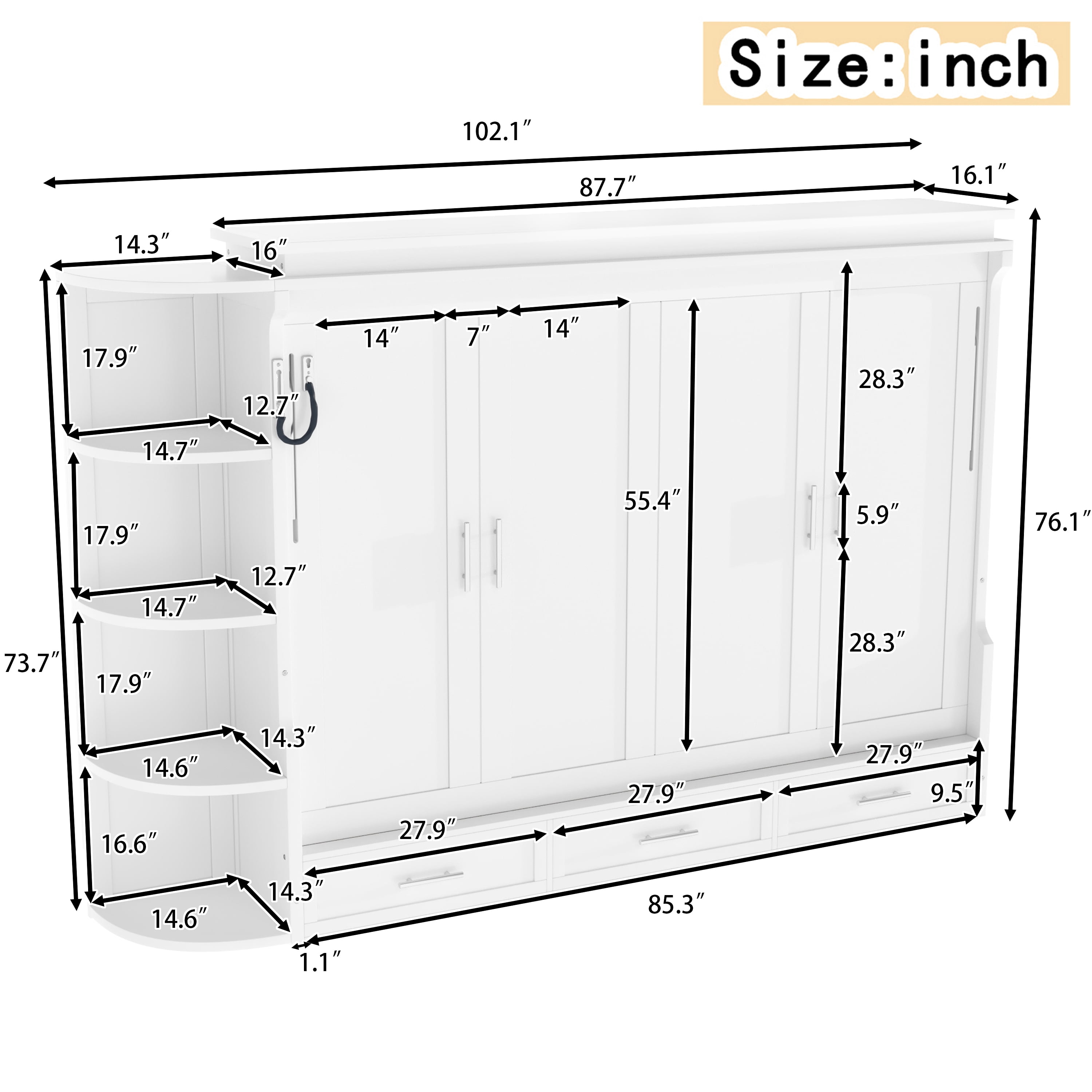 Mintazer Queen Murphy Bed with Side Cabinets & 3 Drawers, Wall Foldable Bed with Storage for Bedroom Guest Room Home Office, White
