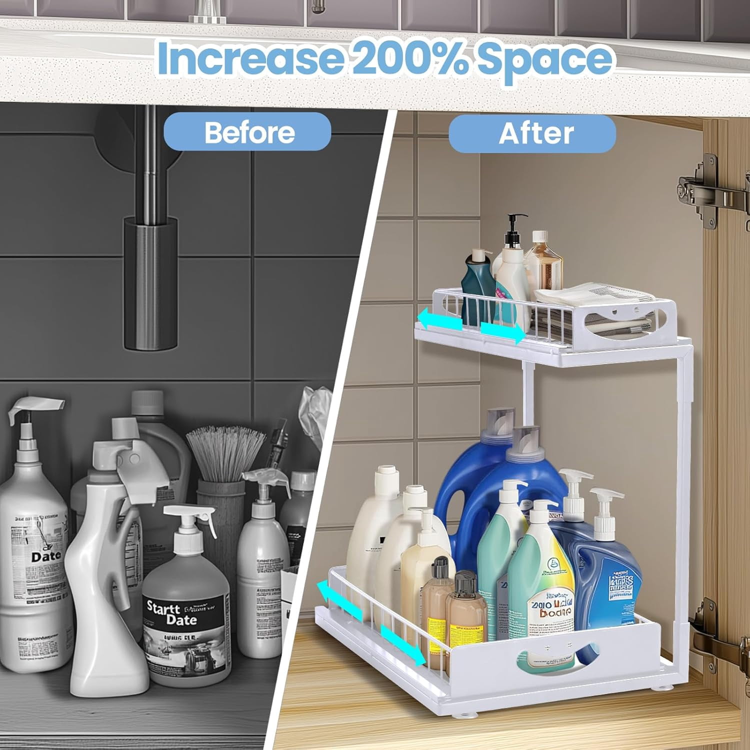 2 Pack Under Sink Organizer,Two Tier Sliding Kitchen Organization and Storage, Multi-Use Under Sink Organizer for Kitchen Bathroom Pantry Cabinet Closet,White