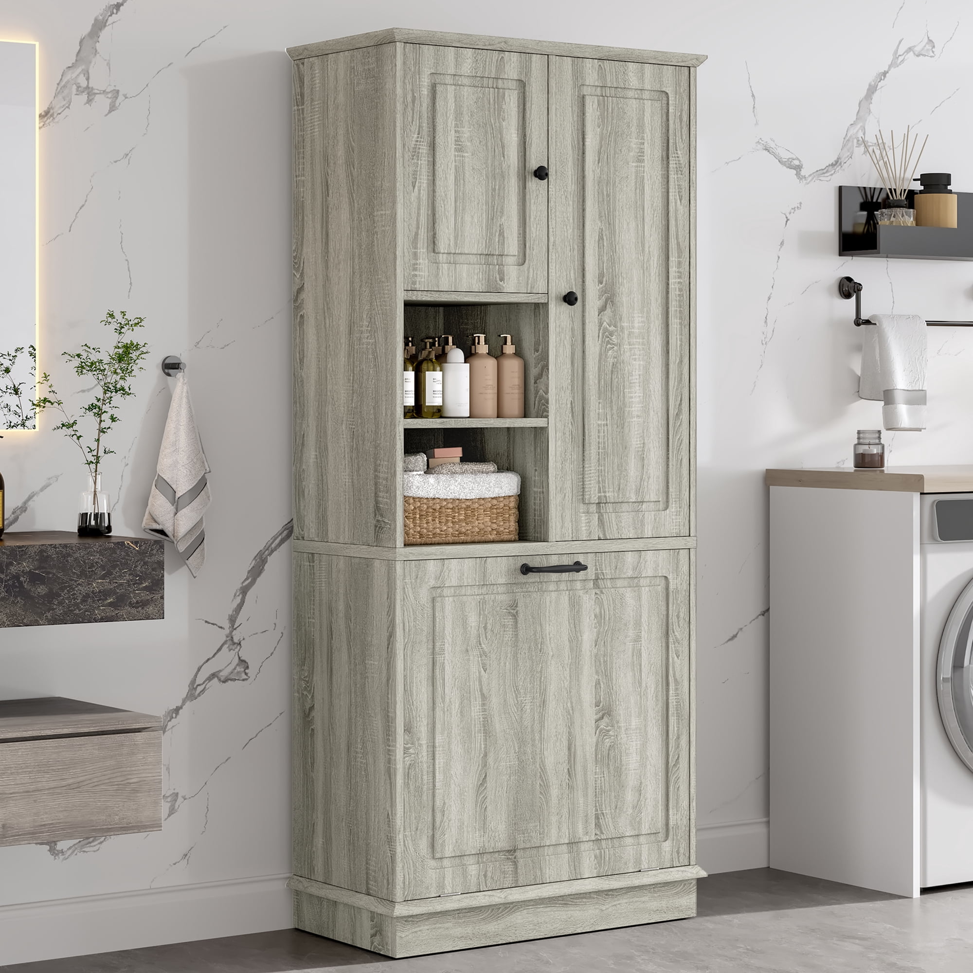 Euroco Tall Storage Cabinet with Adjustable Shelves, Large Flip-Out Basket & Enclosed Cabinets – Perfect for Bathroom, Living Room, or Office, MDF Material with Aluminum Alloy Handles