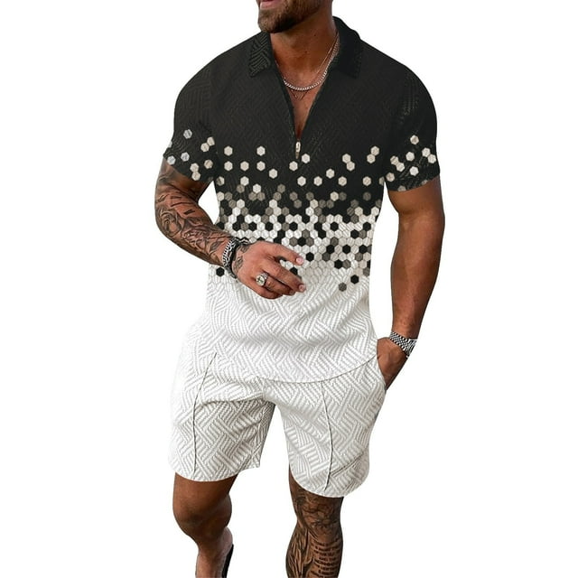 YDLCAFD Men's Casual Striped Gradient Ramp Print Two Piece Suit Zipper Short Sleeve Top Blouse Suit Drawstring Pocket Short Set