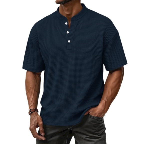 Dresfit Henley Shirts Men Button Down Waffle Golf Tees Short Sleeve Relaxed Fit Big and Tall Tennis T Shirts Loose Cotton Tops Navy S