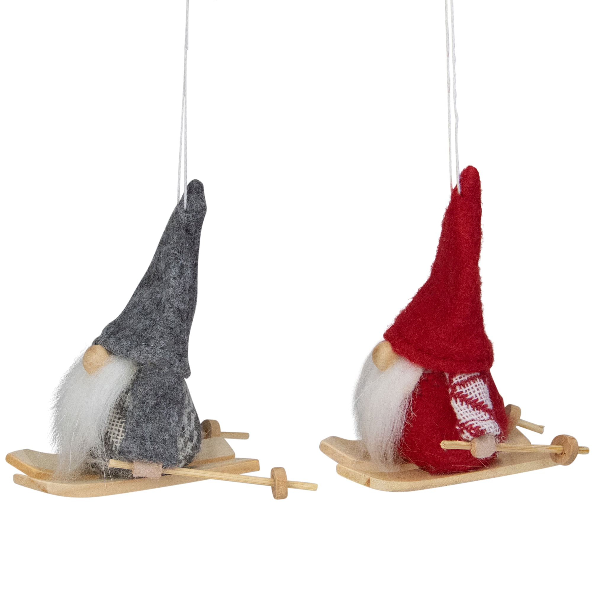 Set of 2 Gray and Red Skiing Santa Gnomes Hanging Christmas Ornaments 4"