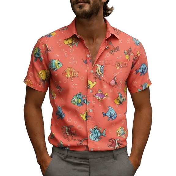 GUZOM Mens Big & Tall Hawaiian Shirt Stretch Fabric Fish Print Short Sleeve Button Down Casual Summer Shirt Orange,Size XL