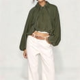 thumbnail image 6 of Sewkxo Womens Cropped Puff Sleeve Bomber Jacket Lapel Collar Pleated Full Zip Coat Spring Loose Fit Trendy Outerwear,Army Green M, 6 of 8
