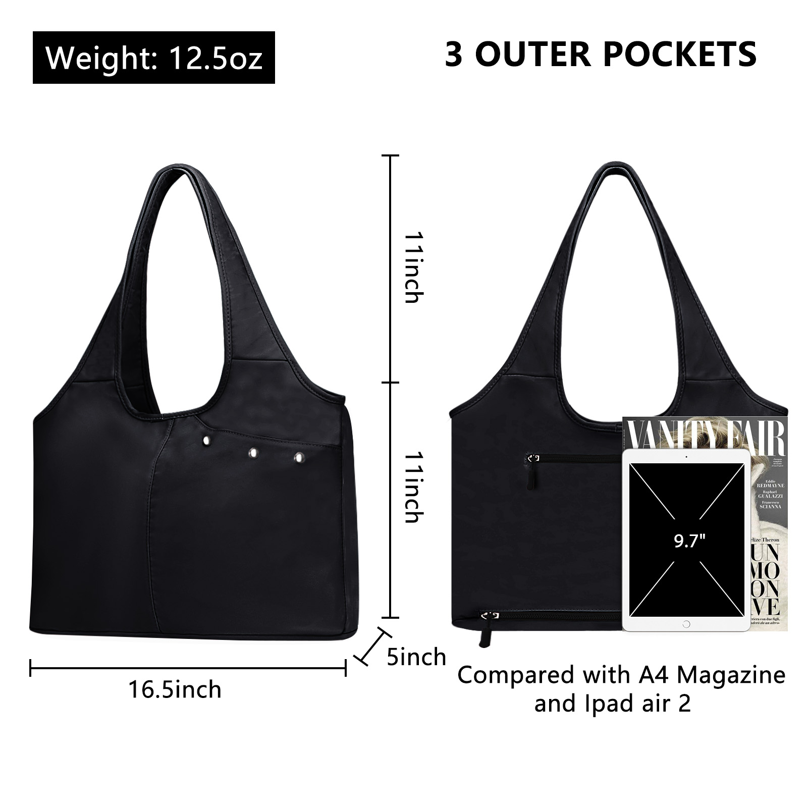 HAWEE Utility Shoulder Bag for Women Black Tote Purse with Wet Umbrella Pocket and Water Bottle Pocket Fits 13.3” Laptop