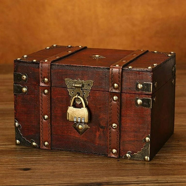 Travelwant Wood and Leather Treasure Chest Wooden Box Jewelry Box with Lock  Vintage Handmade Wood Craft Box for Jewelry, Toys, Tarot Cards, Gifts and