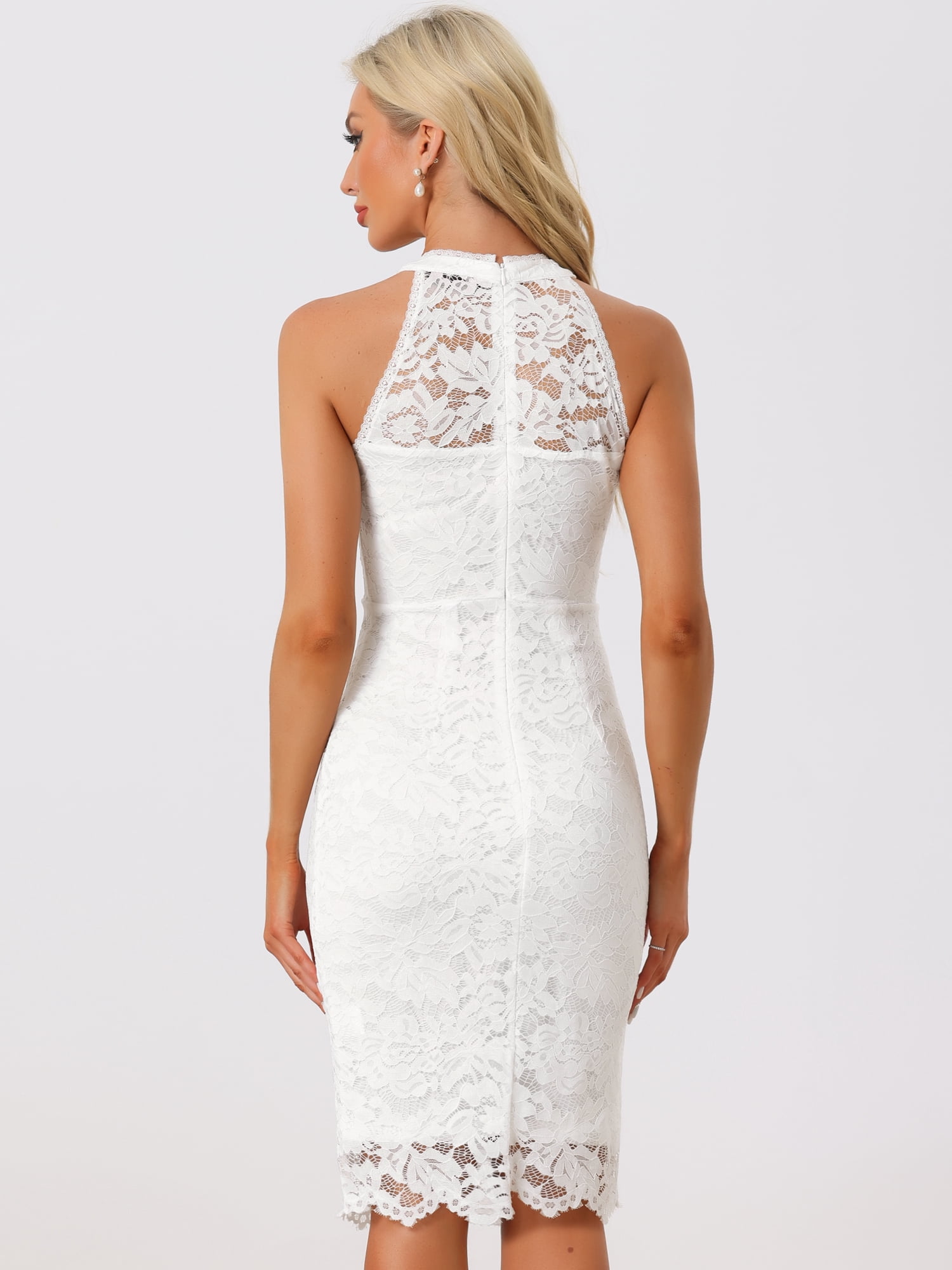 DARING DIVA Lace Halter Neck Sleeveless Bodycon Cocktail Sheath Dress S White