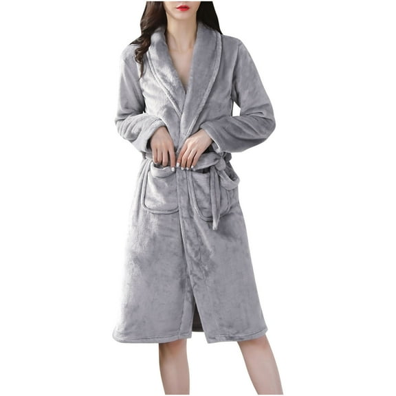 Lindreshi Robes for Women Clearance Women's Fashion Flannel Solid Color Strap Pocket Warm Sleepwear Nightgown