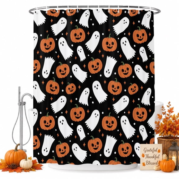 Halloween Shower Curtain Set - Small 36" x 72" Washable Bathtub Curtain with 12 Hooks, Spooky Ghosts Horror Pumpkin Star Dots Waterproof Fabric Stall Shower Curtains for Bathroom/Bathtub Décor