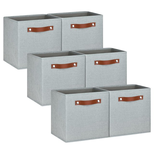 Pomatree Cubo de almacenamiento de 11 pulgadas – Paquete de 6 – Contenedores de almacenamiento de tela de lino para dormitorio, sala de estar, estantes de ropa y juguetes y organizador de armario; Asa