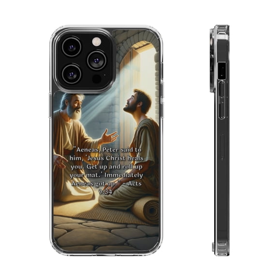 DistinctInk Hybrid (Acrylic / TPU) Clear Slim Fit Case for Apple iPhone 12 Pro MAX (6.7" Screen) - "Aeneas Rises: Acts 9:34 - A Miracle of Healing"