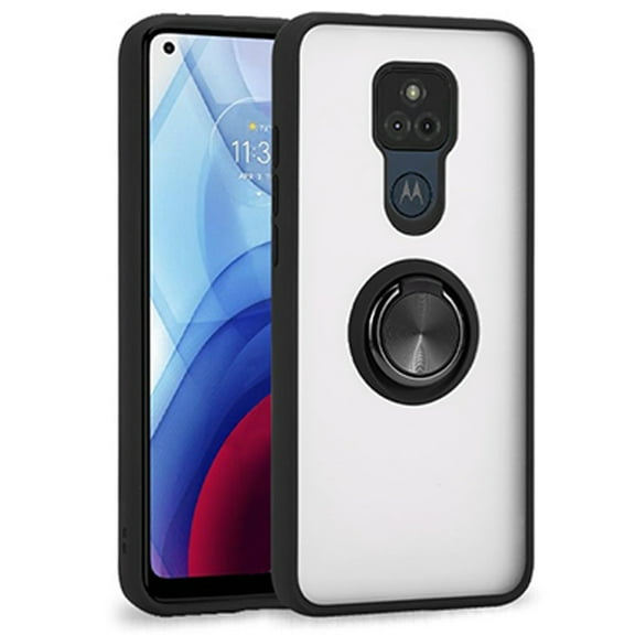 For Motorola Moto G Play 2021 Impact Metal Ring Holder Stand Magnetic Car Mount Protective Hybrid Case Cover Black