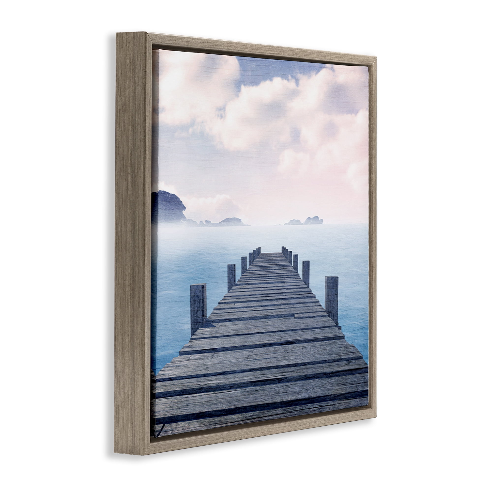 Stupell Industries Clouds over Sea Dock Nautical & Beach Painting Brown Floater Framed Canvas Art Print Wall Art, 18 x 18