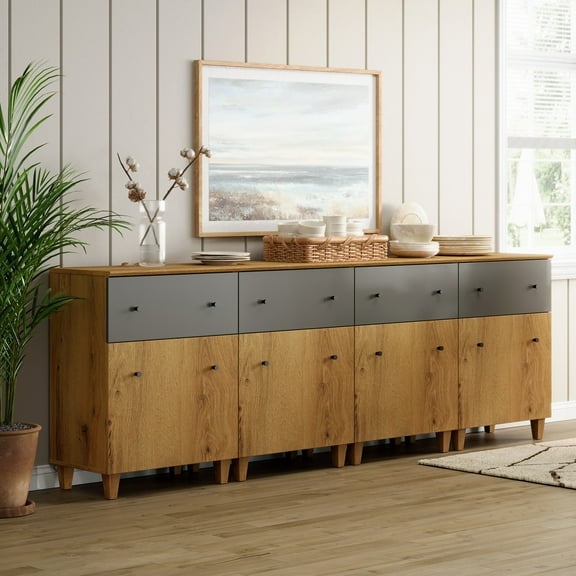 Buffet Storage Cabinet with 4 Drawers and 4 Adjustable Shelves, 94" Wide, Oak Brown Wood Finish, 4 Pack