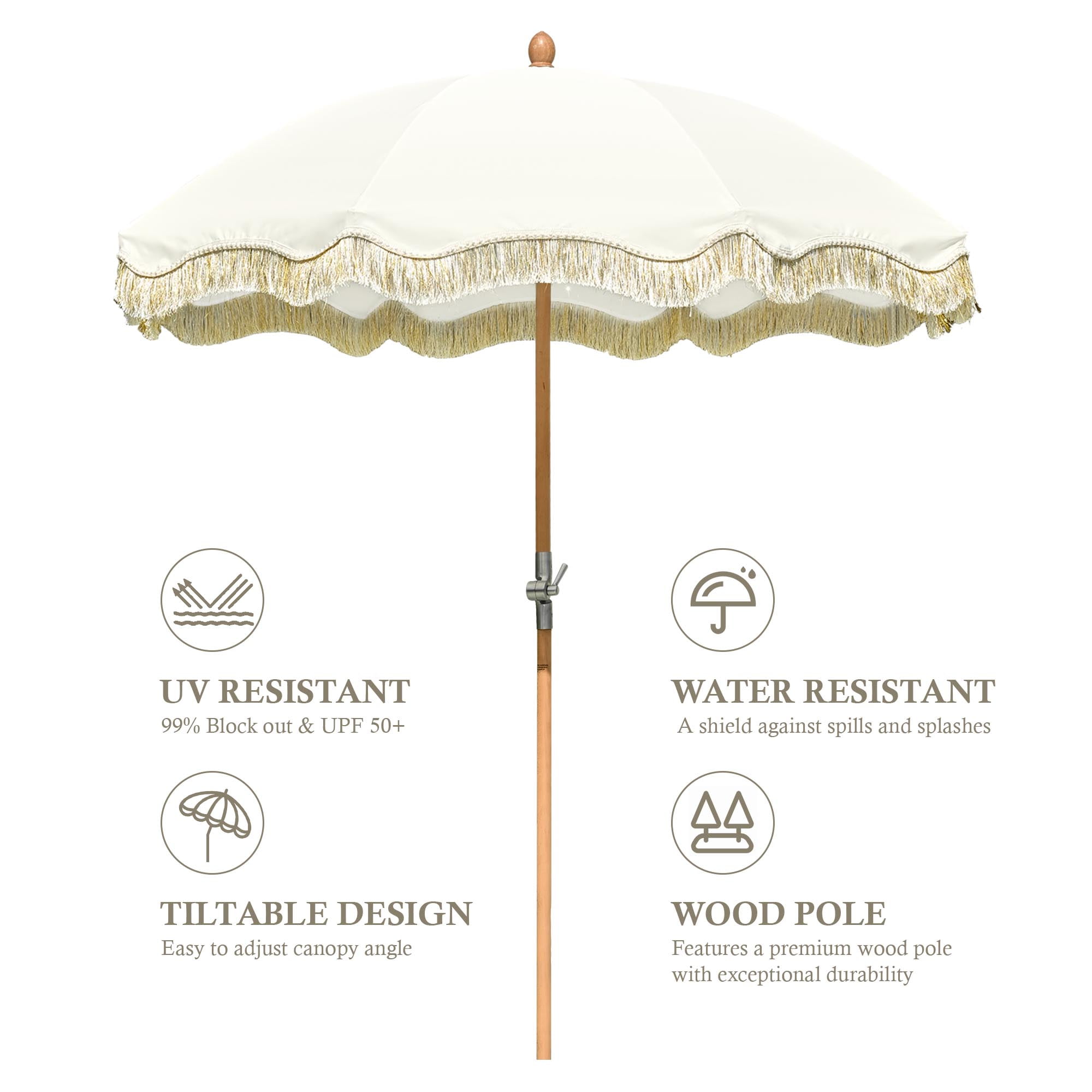 LAGarden 6 Ft Fringe Patio Umbrella with Tassel Jazz Age Wood UPF50+ for Outdoor, Beige with gold tassel,Model: JZ6-01