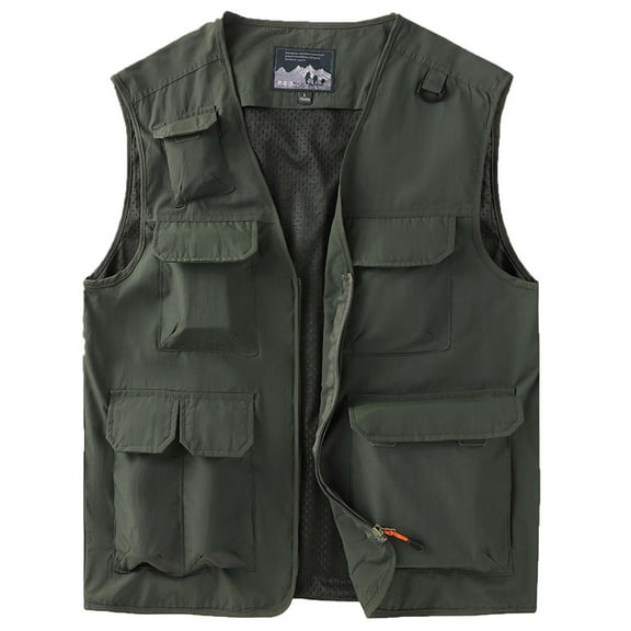 Yaoyar Men's Outdoor Work Fishing Travel Photo Zip Cargo Vest Jacket Pockets Quick Dry Hiking Vest Loose Vest Mountaineering Tooling Outdoor Vest Jacketst Army Green 2XL