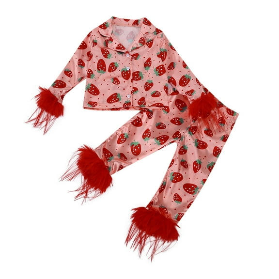 Hienoo Baby Girls Strawberry Pajamas Fur Trim Long Sleeve Shirt Pants Sleepwear PJ's