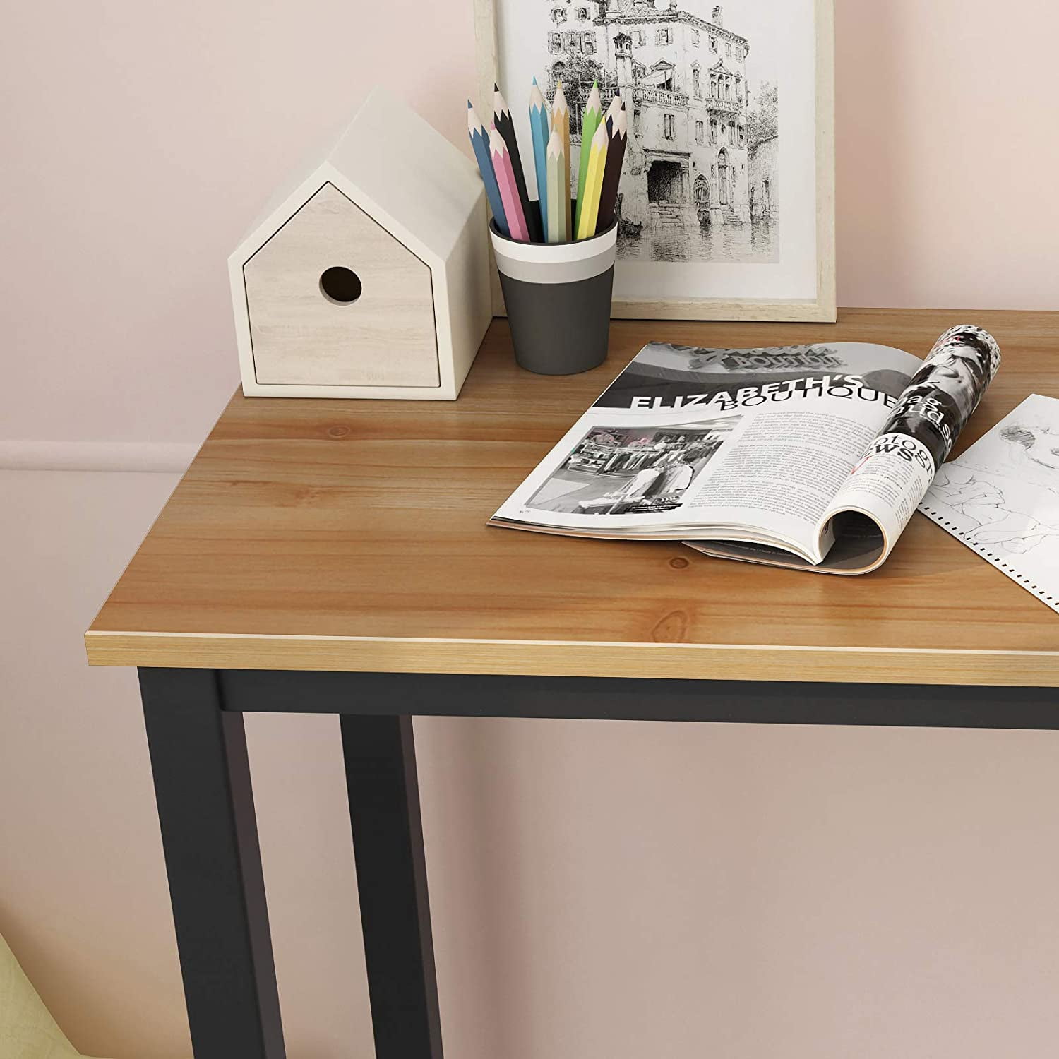 SogesPower 29.5"H Small Computer Desk for Home Office(Teak Black)