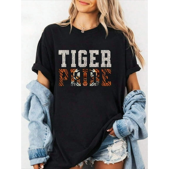 100% Cotton Tiger Tiger Mascot Vintage School Sports Team T-Shirt Summer Tees Women