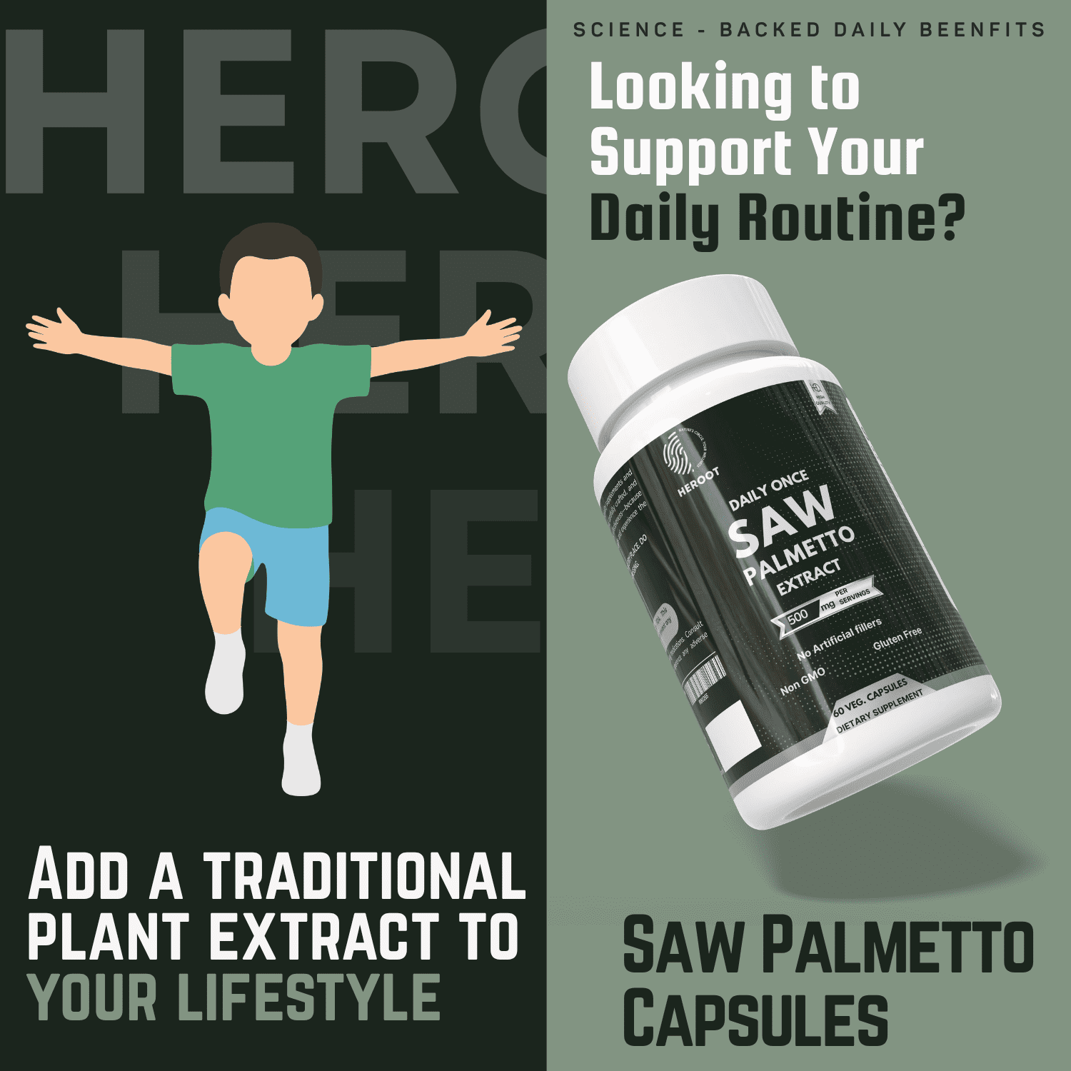 Heroot Saw Palmetto Capsules 500 mg per Capsule | 45% Fatty Acids | 120 Veg Capsules | 120 Servings | Herbal Supplement
