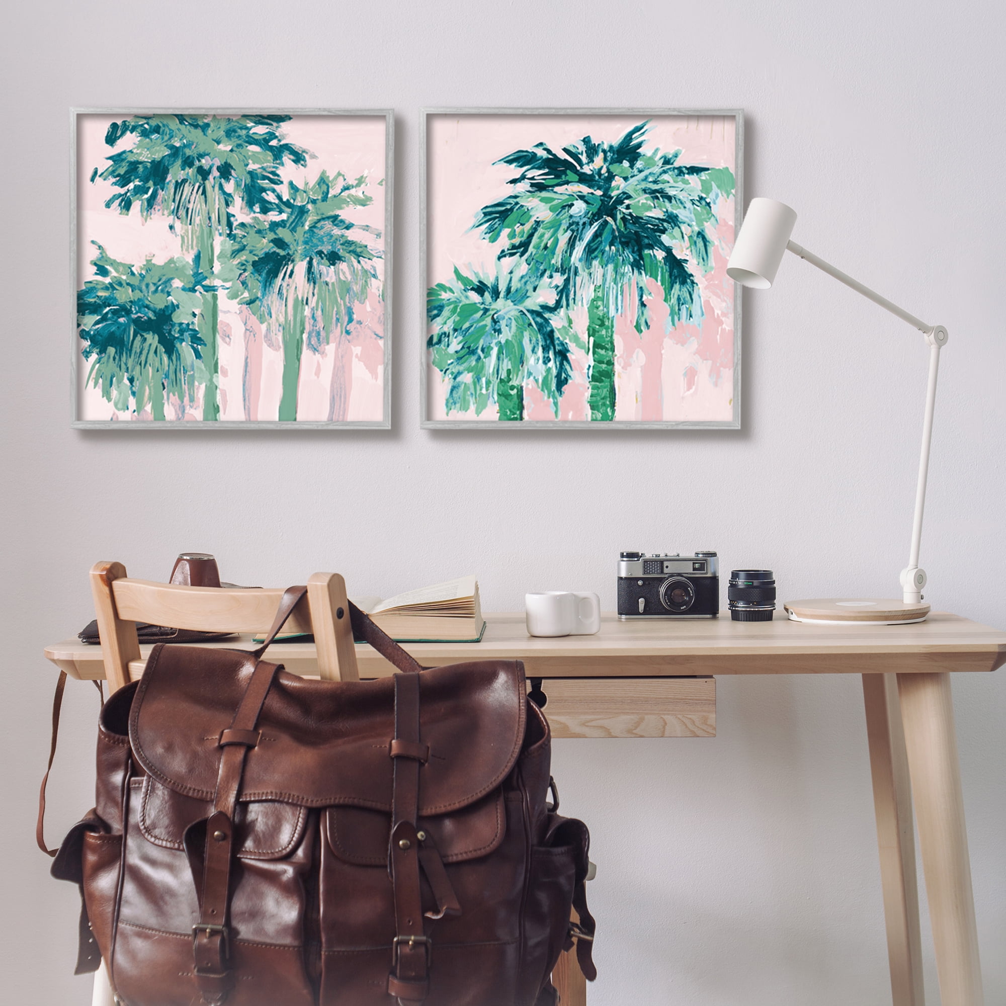 Stupell Industries Abstract Palms on Pink Botanical & Floral Painting Gray Framed Art Print Wall Art, 24 x 24, Set of 2