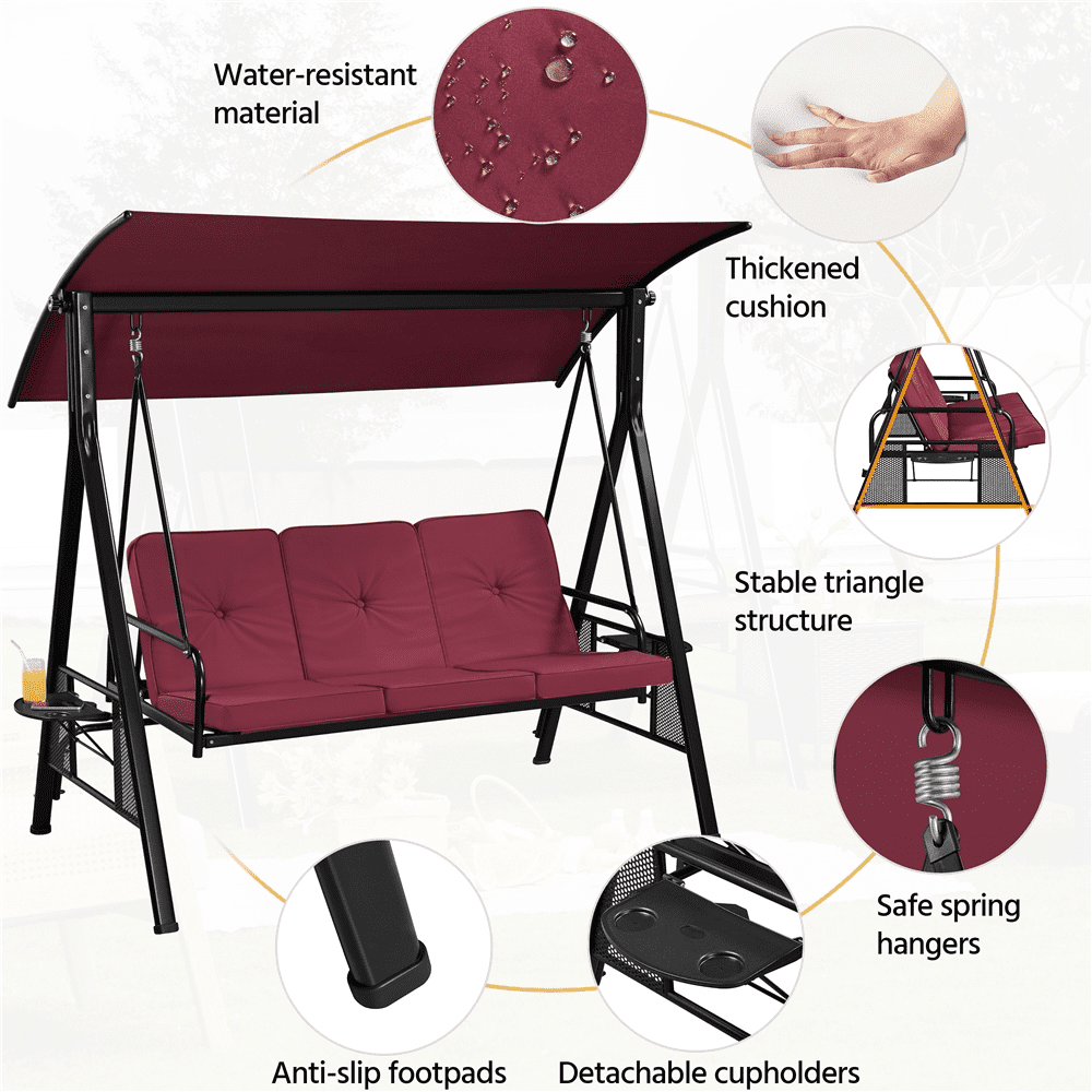 Alden Design 3-Seat Deluxe Swing Chair with Padded Seat Cotton-Padded Seat for Outdoor, Burgundy