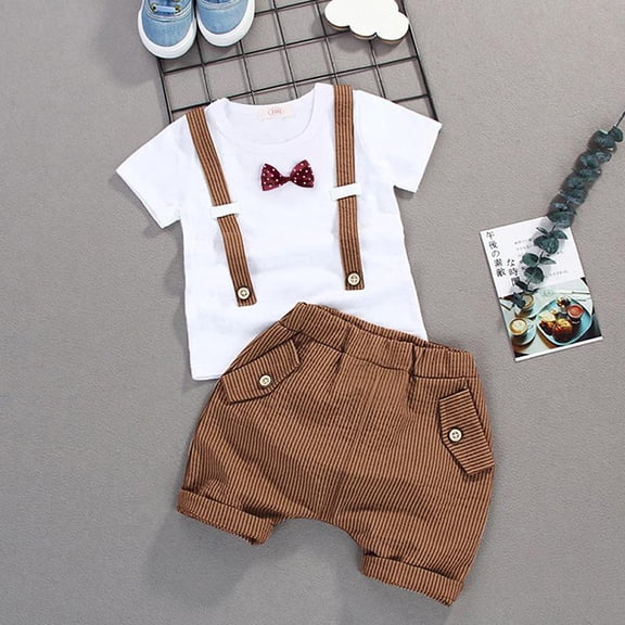2 Pieces Gentlemen T-shirt with Bow-knot and Casual Shorts for Baby/Toddler Boys Set Khaki - 9-12 Months