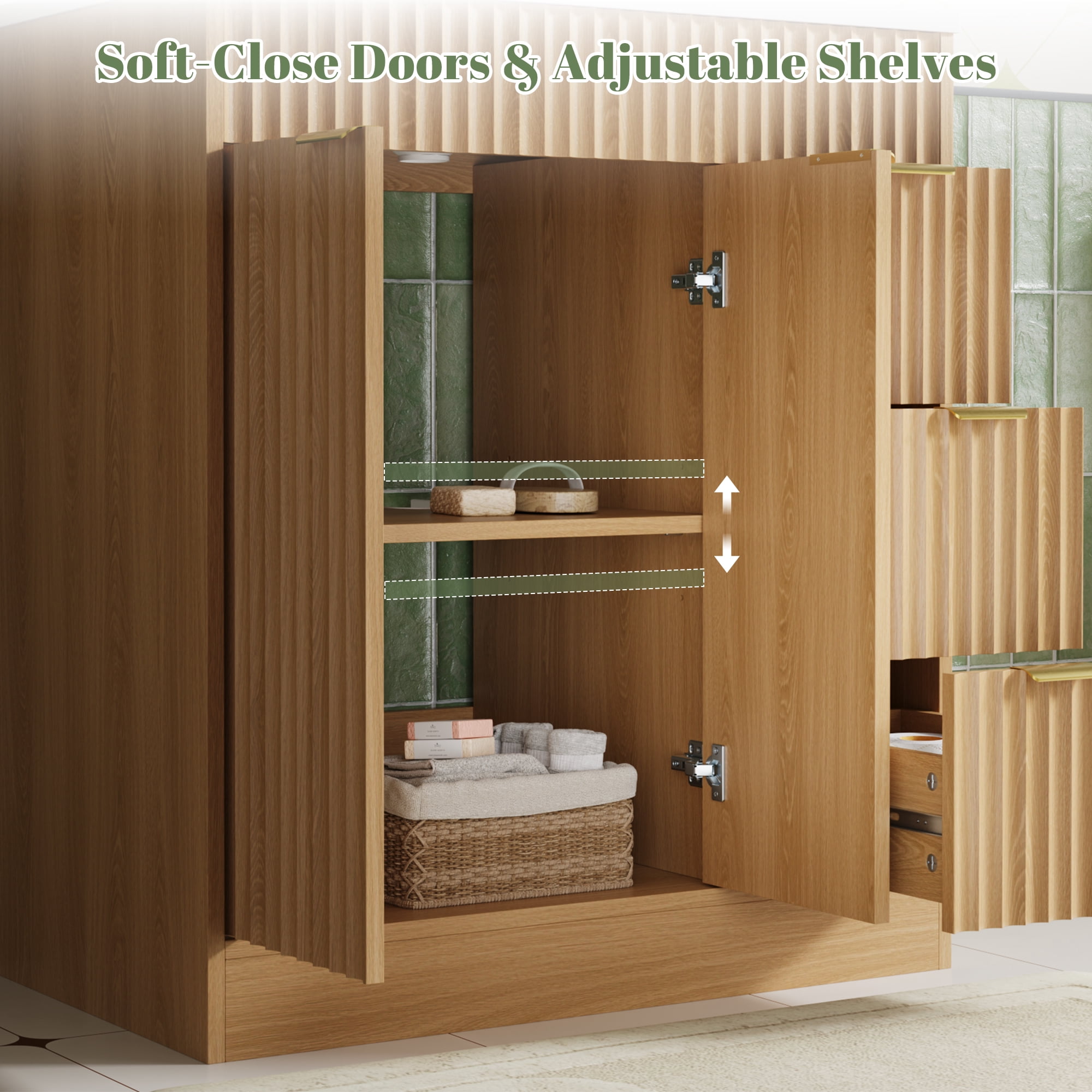 ASTUVIA 30" Fluted Bathroom Vanity Cabinet with 3 Drawers,Bathroom Vanity with Sink and Soft-Close Doors,Freestanding Small Bathroom Sink Cabinet,OAK