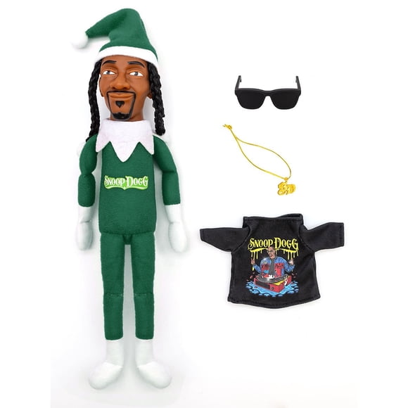Snoop Dogg Snoop on a Stoop 2024 Christmas Elf Doll, 12" Small Plush Toys Shelf Decor, Includes Elf Toy, Extra Tshirt, Sunglasses and Necklace, for Men & Women