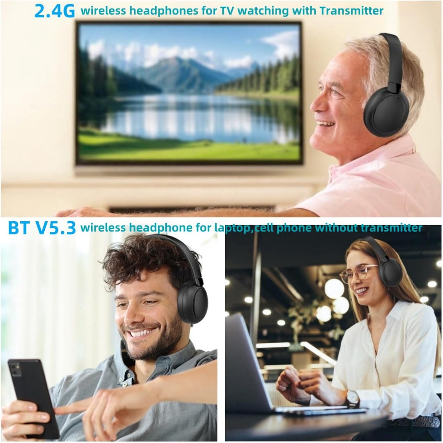 Wireless TV Headphones with 2.4G Digital RF Transmitter and Bluetooth, Wireless Over Ear Headphone with Charging Base, Support Optical/USB/RCA/BT, No Audio Delay, Compatible All TVs