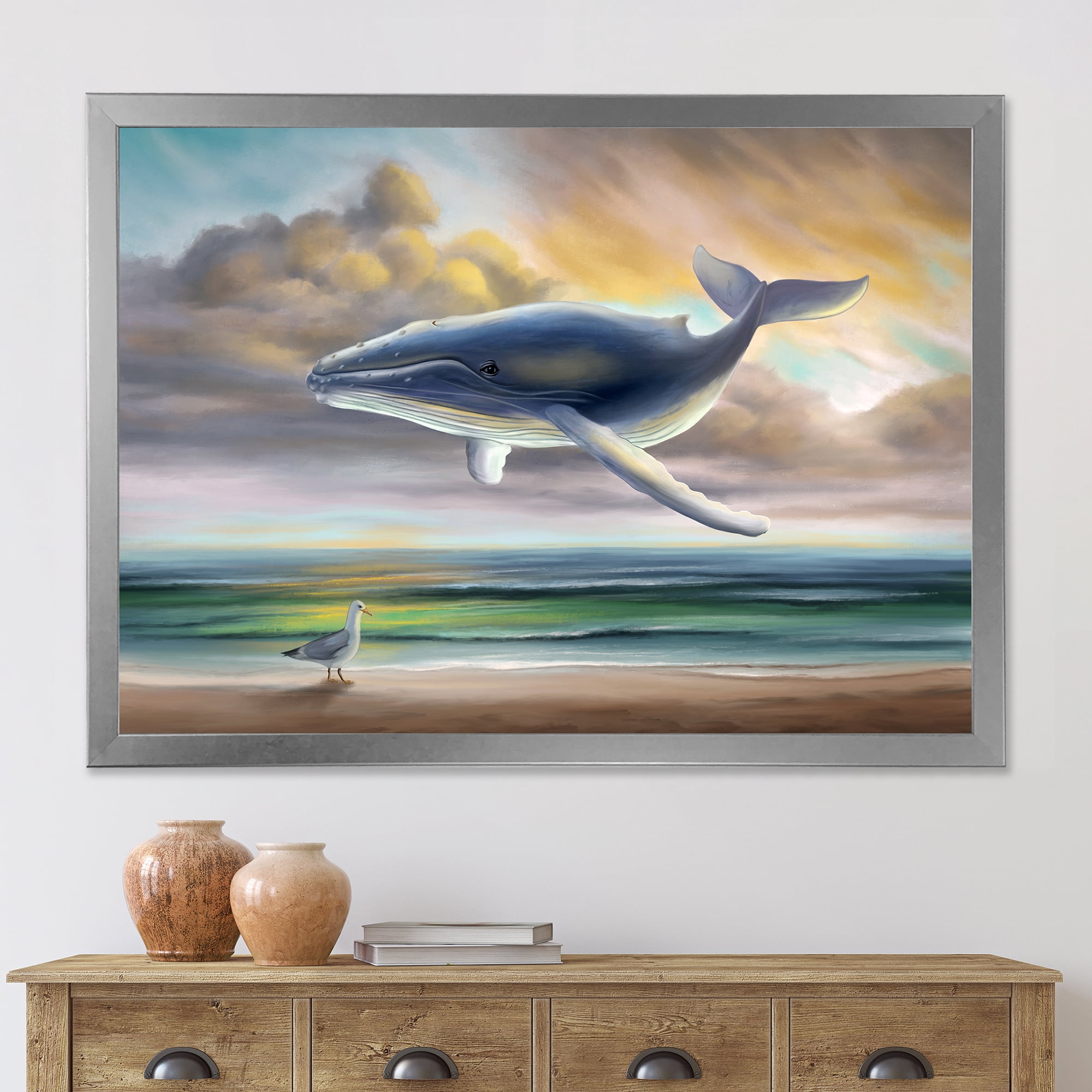 Designart 'Whale Floating In The Sky Over Beach' Children's Art Framed Art Print