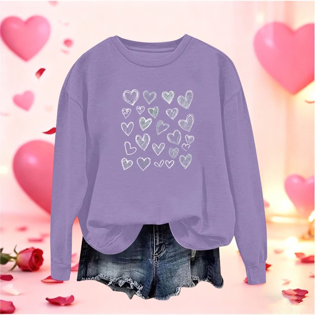 Mceream Valentines Chandails en Molleton pour Femmes Mode Imprimé Cœur Graphique Manches Longues Chemises Surdimensionnées Col Rond Chandail Tops Grande Taille Violet TG