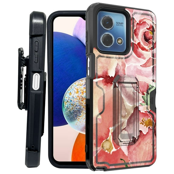 ANJ  Rugged Shockproof Kickstand Hybrid Case with Card Slot and Holster   Tempered Glass Cover for Motorola Moto G Stylus 5G (2023) - Flower Pedals
