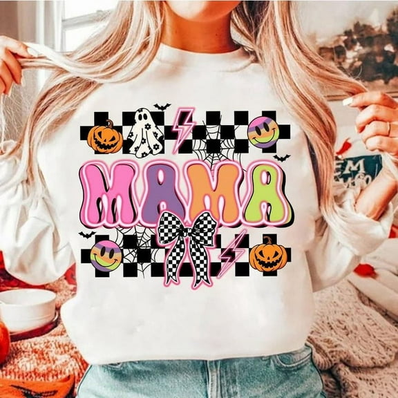 Spooky Mama Halloween Sweatshirt, Checkered Coquette Style Shirt, Spooky Season Vibes, Retro Fall Aesthetic, Cute Halloween Mom Outfit BO120625